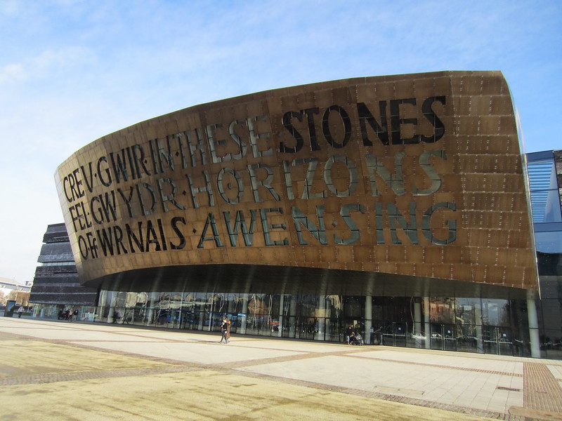 Frontal view of Cardiff Milennium Centre on a sunny clear spring day